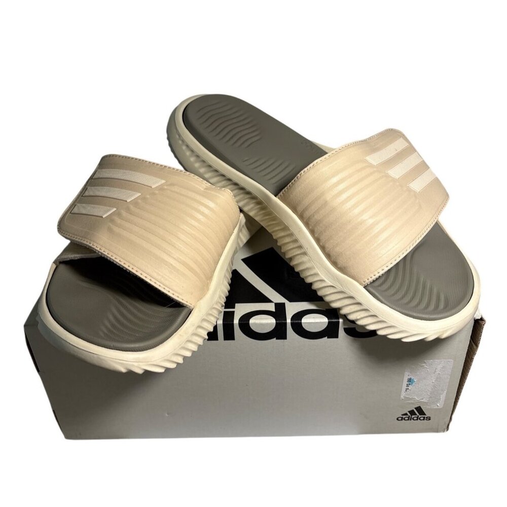 Adidas Alphabounce Slide 2.0 Sandals Cushioned Sole Beige Olive Men 5 Women 6